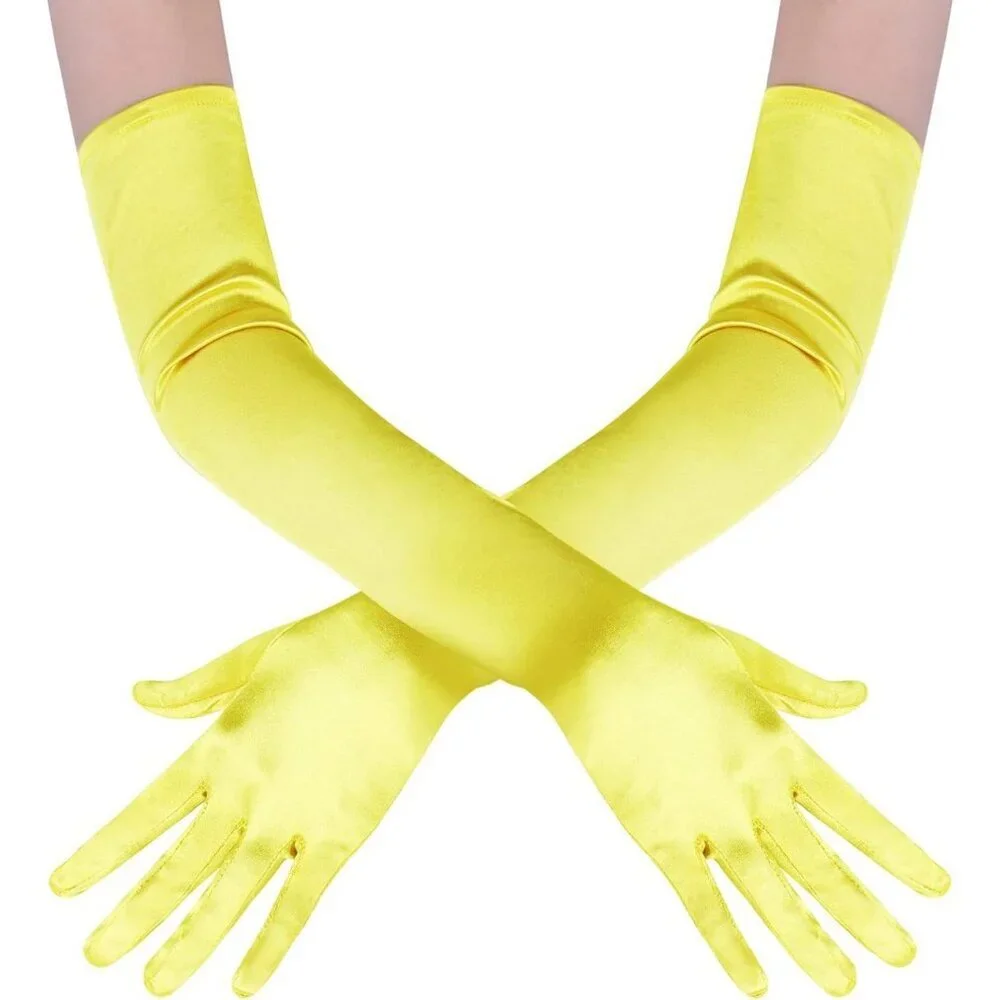 Women's Yellow Vintage Satin Long Gloves Party Costume Stretchy Elbow Length